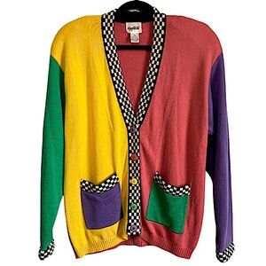 Knight’s ltd. Vintage Color Block & Checkered Trim Knit Cardigan